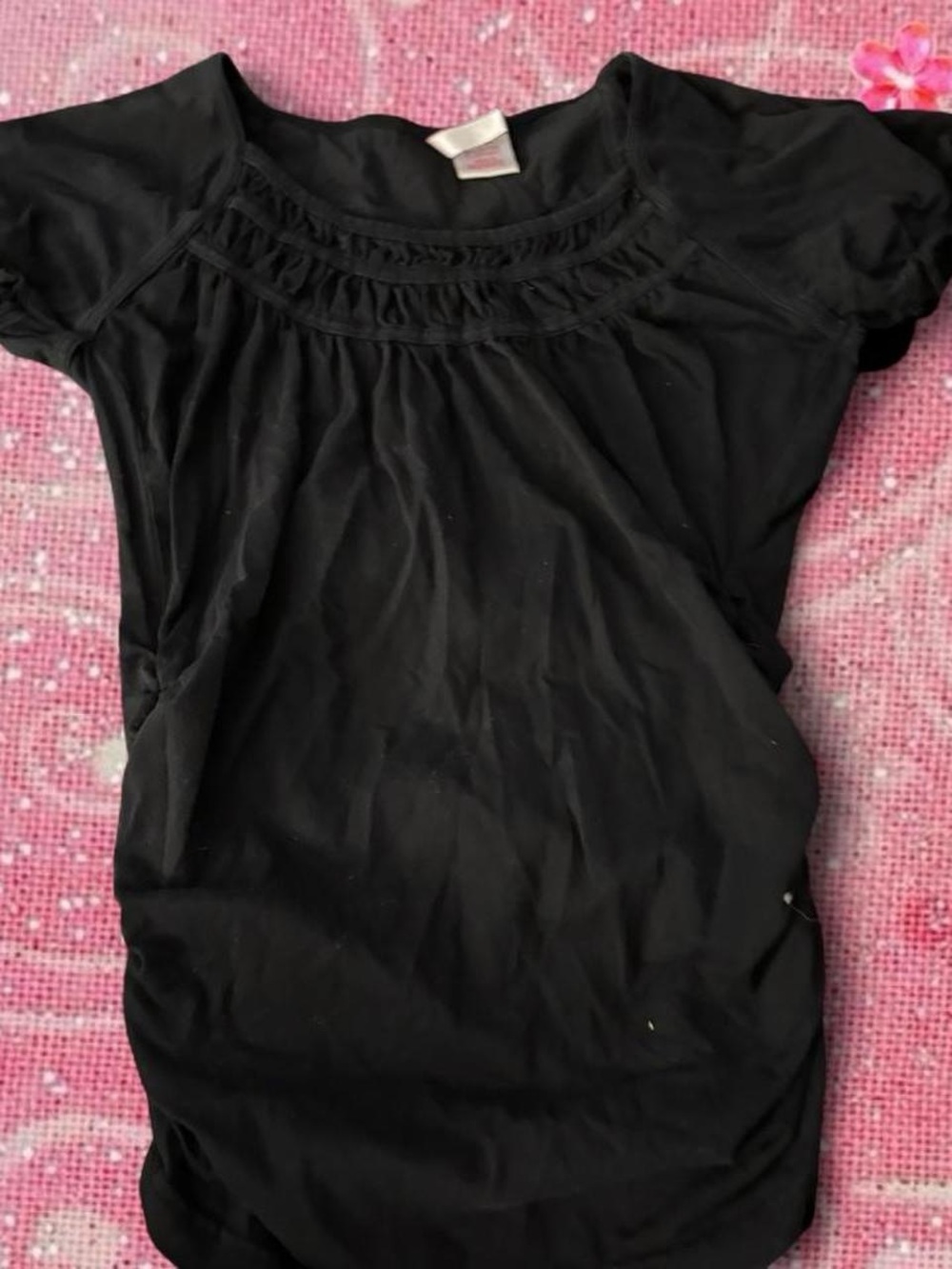 Oh! Mamma Black Short Sleeve Gathered Scoop Neck Top